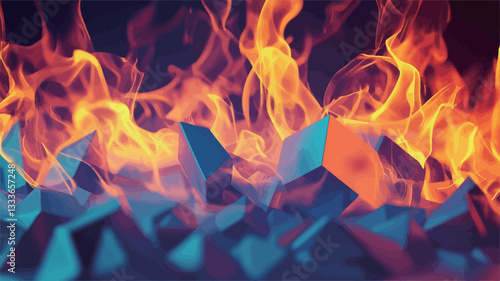 A digital illustration depicting an abstract scene of vibrant flames engulfing geometric, crystal-like shapes. The flames are predominantly orange and yellow, with hints of blue and purple at the