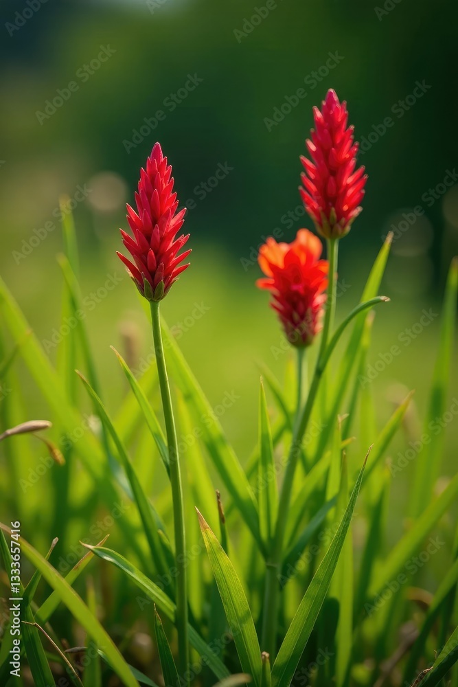 Red rocket flowers growing through dry green grass blades, plant, dry grass, green Red rocket flowers growing through dry green grass blades, plant, dry grass, green