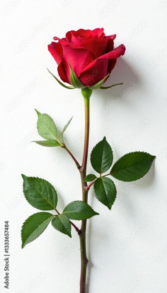 Fototapeta premium Red rose stems and leaves against a crisp white background, texture, color, flower