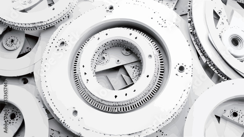 Close-up, high-angle shot of numerous white circular mechanical parts arranged in an overlapping pattern. The parts appear to be made of a smooth, possibly metallic material. The image is