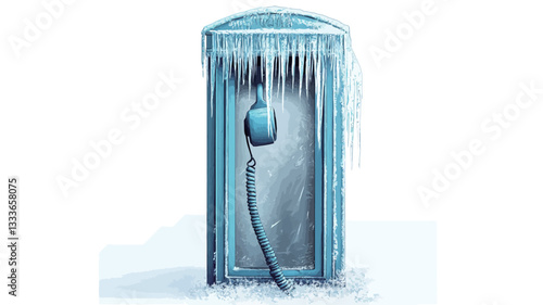 Digital illustration depicting a telephone booth completely encased in ice and frost.  Icicles hang from the roof and sides of the booth. A telephone handset with a cord is partially visible inside