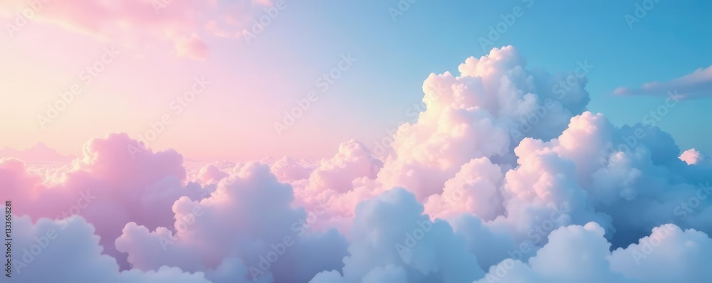 Soft pink hue spreads across the sky as fluffy white clouds drift lazily by, fluffy clouds, serene landscape, blue sky Soft pink hue spreads across the sky as fluffy white clouds drift lazily by, fluffy clouds, serene landscape, blue sky