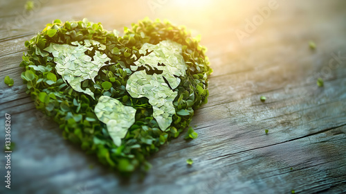 Heart-Shaped Earth Made of Green Leaves on a Wooden Surface. A symbolic heart-shaped Earth created from green leaves, representing environmental care and sustainability