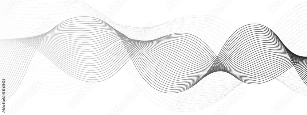 Abstract black and white vector wave background. Wavy grey stream element with frequency sound wave lines, technology, data science, business wave line background. Curved wavy line smooth stripes. Abstract black and white vector wave background. Wavy grey stream element with frequency sound wave lines, technology, data science, business wave line background. Curved wavy line smooth stripes.
