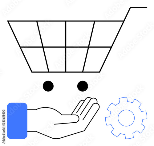 Shopping cart with wheels, open hand gesture, and gear. Ideal for e-commerce solutions, customer service, business tools, innovation, support systems, retail services flat simple metaphor