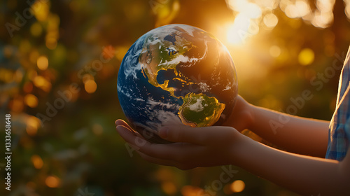 Hands Holding Earth Globe in Warm Sunlight for Environmental Awareness. A person gently holding a glowing Earth globe in their hands, symbolizing environmental protection