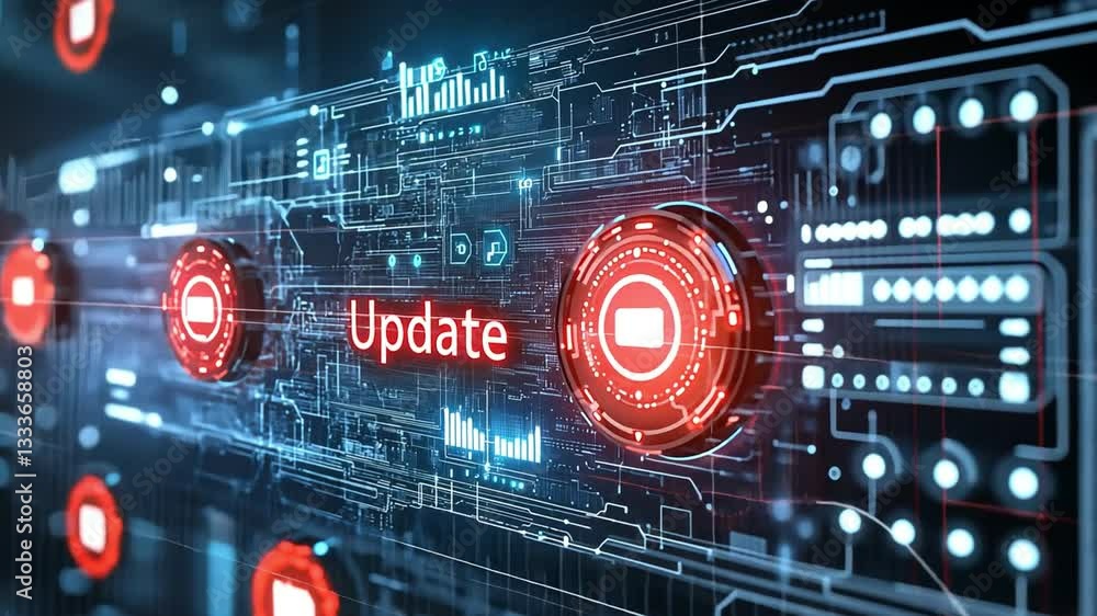 Modern digital interface showcasing technology with update buttons, circuit patterns, and glowing data visualization elements. Modern digital interface showcasing technology with update buttons, circuit patterns, and glowing data visualization elements.