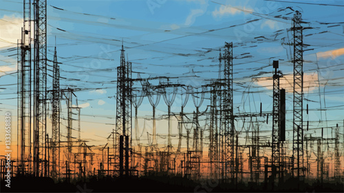 The image depicts a wide shot of numerous electrical power transmission towers and lines silhouetted against a vibrant sunset sky. The towers vary in height and structure, creating a complex