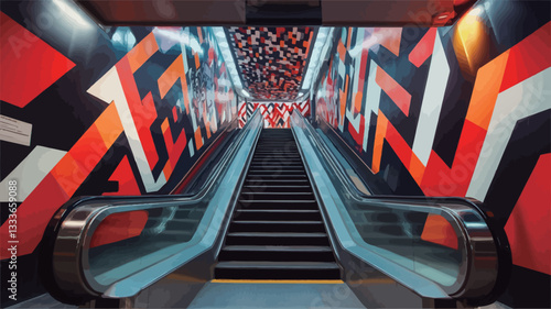 The image shows a centrally positioned escalator ascending and descending, set against a backdrop of walls covered in a vibrant, large-scale abstract geometric mural.  The mural features bold,