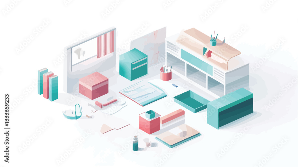 The image is a digital isometric illustration depicting a workspace. It features various pieces of furniture in pastel pink and teal tones, including a desk, shelves, and storage units. The scene The image is a digital isometric illustration depicting a workspace. It features various pieces of furniture in pastel pink and teal tones, including a desk, shelves, and storage units. The scene