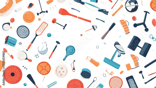 A digital illustration featuring a repeating seamless pattern. The pattern consists of various flat, stylized illustrations of sports and leisure equipment scattered on a white background.  The