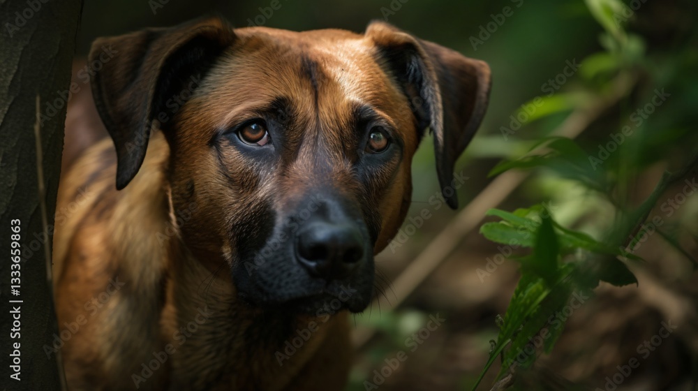 Majestic Rhodesian Ridgeback Dog in Lush Forest Setting Majestic Rhodesian Ridgeback Dog in Lush Forest Setting
