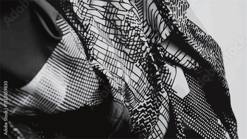 Close-up, high-resolution monochrome image of a draped textile.  The fabric shows a complex interplay of light and shadow, highlighting its textured surface. The pattern is predominantly geometric