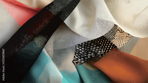Close-up shot of various fabrics arranged in an abstract composition.  The image features different types of textiles, including sheer chiffon, mesh, and potentially silk, exhibiting various folds