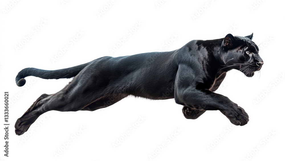 Obraz premium Black Panther in Motion Captured with Dynamic Energy and Graceful Athleticism Against a Pure White Background for Artistic and Commercial Use