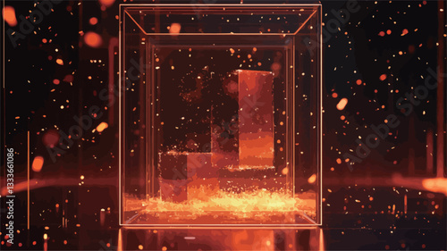The image depicts a transparent, cube-shaped glass structure. Inside the cube, there are flames and glowing embers, suggesting fire or intense heat.  The cube is surrounded by numerous small,