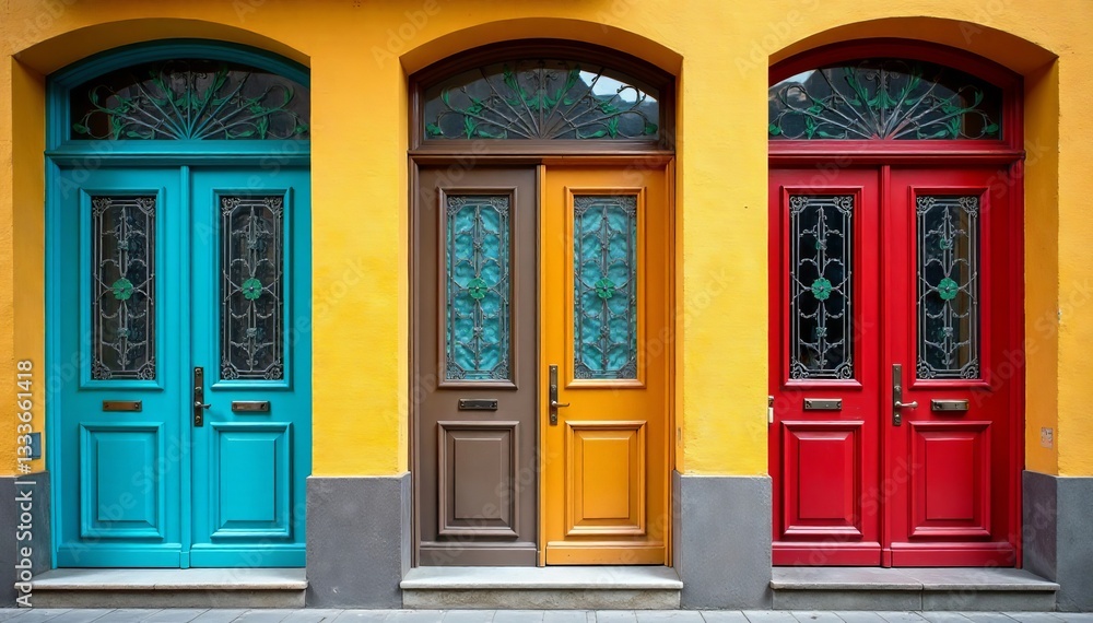 Obraz premium Close-up of colorful doors with decorative glass windows, vibrant, design
