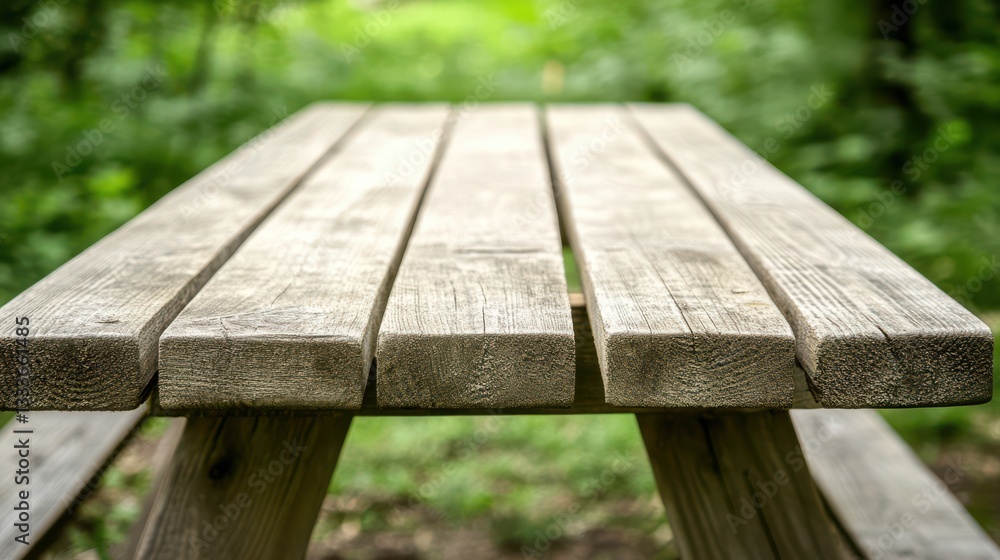 Fototapeta premium Wooden Picnic Table Surface with Green Nature Background
