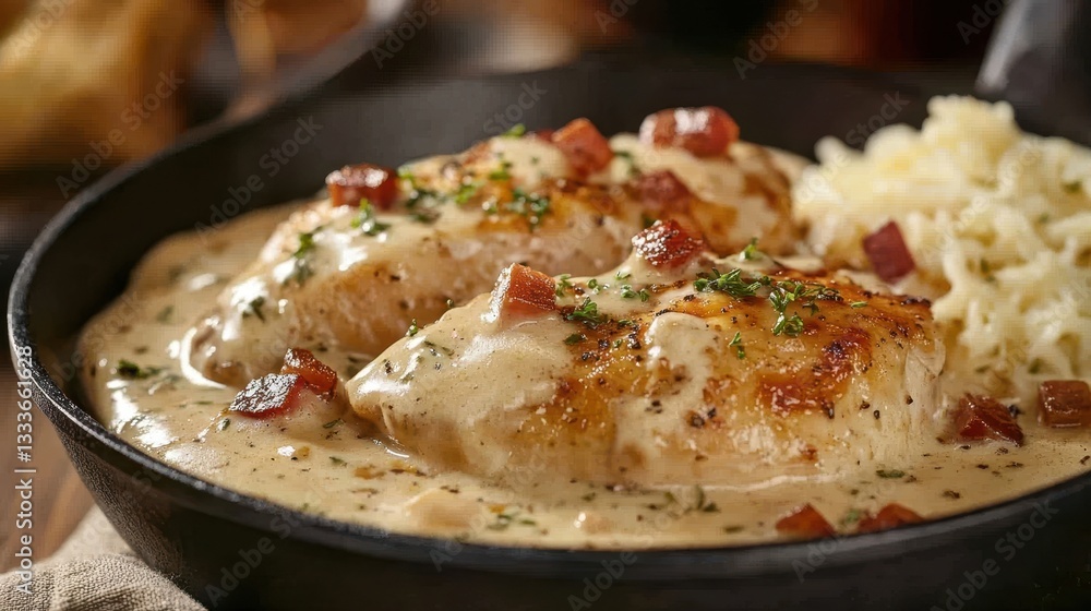 Creamy Tuscan Chicken, rich with a savory sauce, is elegantly presented in a black skillet on the table, showcasing a delectable blend of flavors and textures. Creamy Tuscan Chicken, rich with a savory sauce, is elegantly presented in a black skillet on the table, showcasing a delectable blend of flavors and textures.