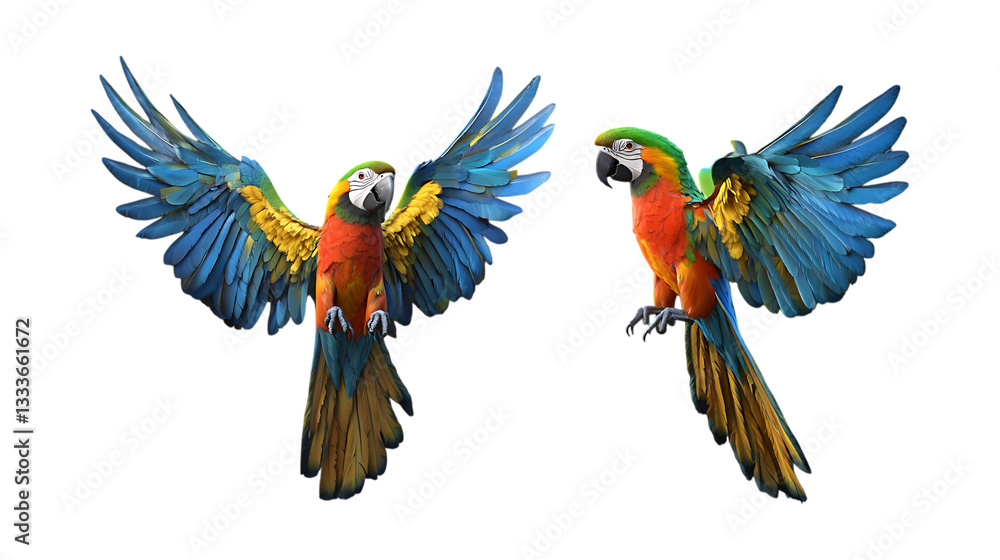 Obraz premium Two vibrant blue and gold Macaw parrots with outstretched wings ready for flight isolated on a clean transparent background for design elements.