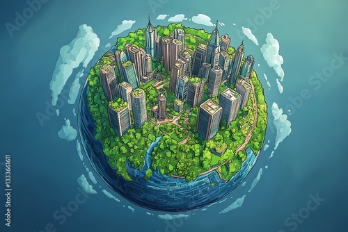 Eco-Friendly Cityscape Sustainable Urban Development on a Green Planet Illustration