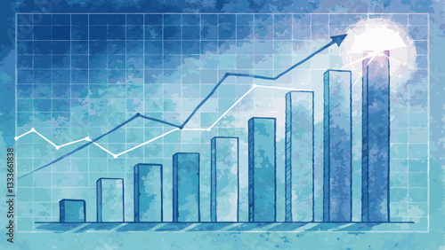 Watercolor bar chart illustration with ascending bars and trend line on a blue and light blue grid background, financial or economic concept with glowing emphasis  
