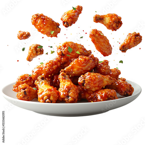 A Plate of Crispy Chicken Wings with Buffalo Sauce Isolated on Transparent Background