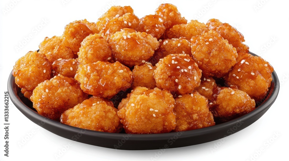 Crispy florets in a spicy glaze, garnished with sesame seeds, are showcased in an advertising display. Crispy florets in a spicy glaze, garnished with sesame seeds, are showcased in an advertising display.