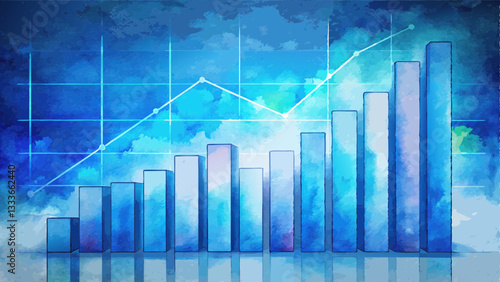 Watercolor bar chart illustration with ascending bars and trend line on a blue and light blue grid background, financial or economic concept with glowing emphasis  
