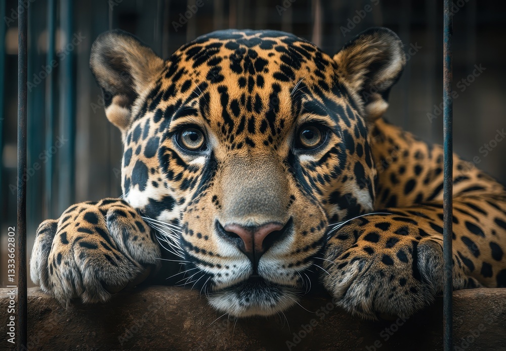 Naklejka premium Captivating Close-up of a Jaguar Behind Bars in a Wildlife Sanctuary, Showcasing Striking Spots and Intense Eyes
