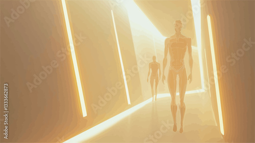 The image depicts a digital 3D rendering of three stylized human figures walking down a corridor. The corridor is defined by bright, glowing, rectangular lines of warm, golden light that emit a