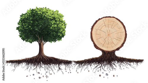 The image shows a digital illustration of a small, leafy tree positioned to the left, and a cross-section of a tree stump positioned to the right. Both the tree and the stump have visible roots