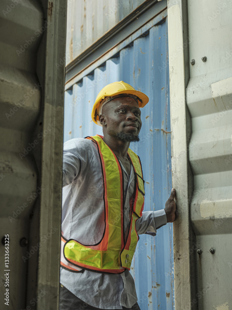 Photo of a logistics worker or male engineer in safety gear at a container yard inspecting a container that is about to be shipped to the port.