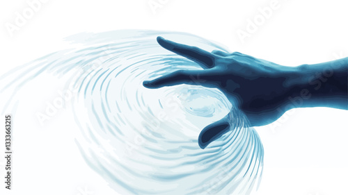 Close-up, high-angle view of a stylized blue hand reaching towards a circular, rippling pattern. The hand is silhouetted against a bright white background, and the ripples appear to emanate from