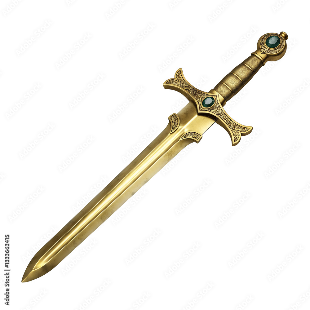 Ornate golden sword with emerald gemstones and intricate engravings Ornate golden sword with emerald gemstones and intricate engravings