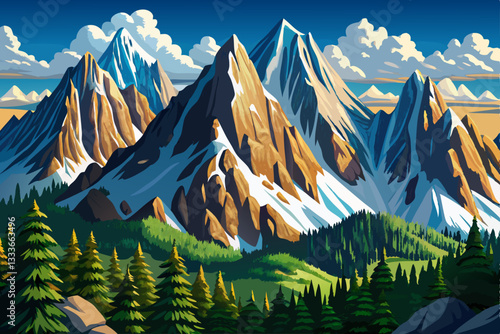 alp mountain landscape with grass and pine trees abstract cartoon
