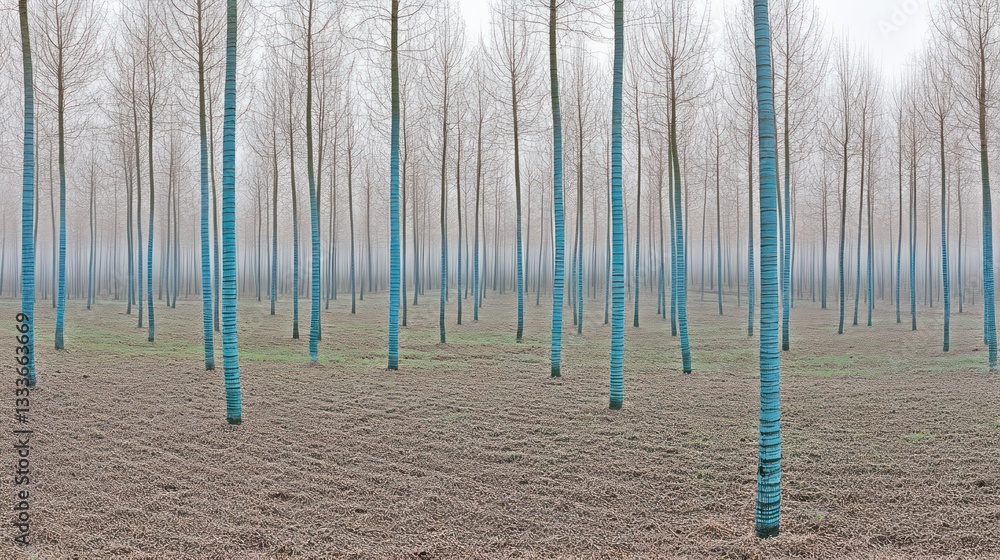 Fototapeta premium Blue-painted trees, foggy plantation, winter