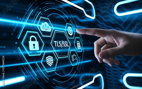 TLS/SSL Security Concept – Data Encryption & Cybersecurity Protection, digital certificate, HTTPS, SSL certificate, TLS certificate, encryption technology, cyber protection, network security.