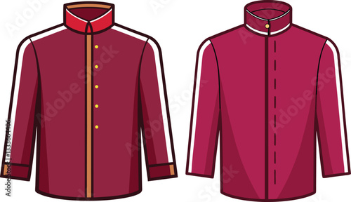 Burgundy Color Men's Mandarin collar shirt fashion drawing template.