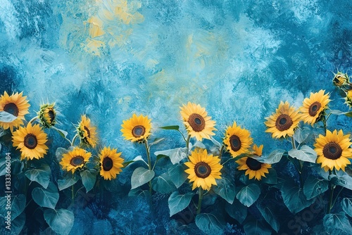 Vibrant Sunflowers on Teal Textured Background Summer Floral Design
