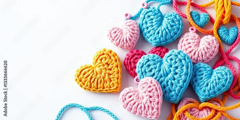 Naklejka premium Colorful Knitted Hearts Handmade Crochet Love Valentine s Day Crafts
