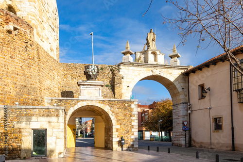 Leon, Spain - November 02, 2024: Medieval gateway to the historic city center called the Carcel Arch in the city of Leon, Spain