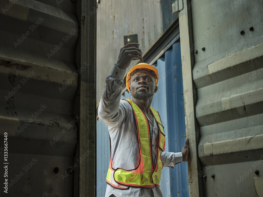 A construction worker in a hard hat and safety vest is shown repairing or maintaining the exterior and interior container of a building, using tools and equipment for the job.