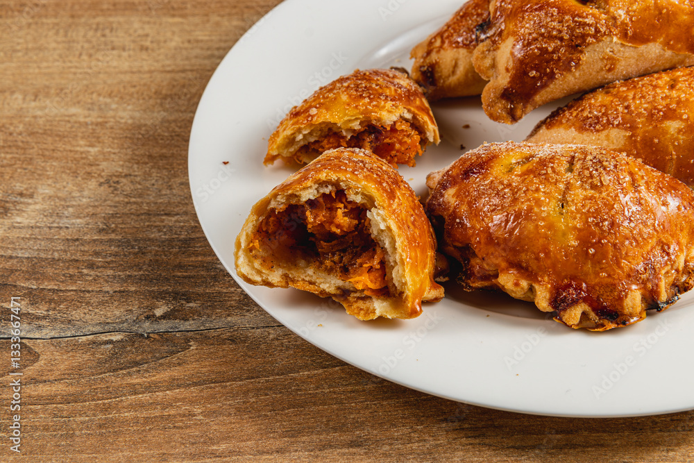 Enjoying pumpkin-filled pastries on a rustic wooden table Enjoying pumpkin-filled pastries on a rustic wooden table