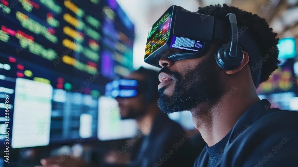 A futuristic stock market exchange floor with traders using AR glasses to analyze financial dashboards, AI trading signals, and cryptocurrency price movements A futuristic stock market exchange floor with traders using AR glasses to analyze financial dashboards, AI trading signals, and cryptocurrency price movements
