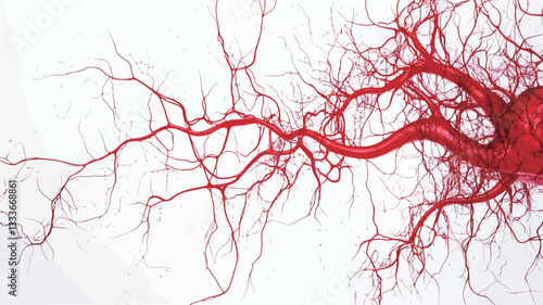 High-resolution close-up image depicting a detailed network of red blood vessels against a bright white background. The vessels exhibit a branching, tree-like structure, varying in thickness and