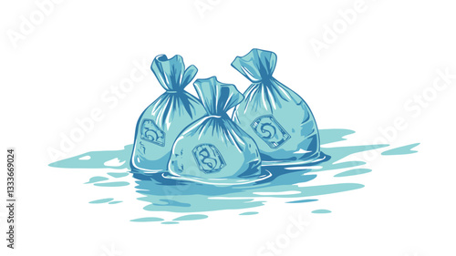 Illustration of three light blue plastic bags floating on a body of water.  The bags appear slightly translucent, showing a subtle hint of what might be inside.  The water is depicted with a light