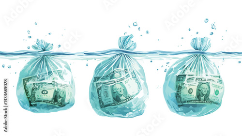 An illustration depicting three plastic bags filled with dollar bills, submerged in water and tied together with a string. The bags are partially transparent, allowing the bills to be visible. The