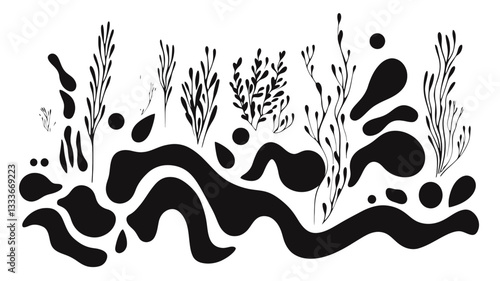 The image is a vector illustration featuring an abstract design composed of stylized floral elements and flowing wave forms. The style is minimalist and monochrome, using black and grey shapes on a