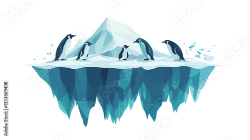 Digital illustration depicting a stylized iceberg with four penguins. The iceberg is rendered in shades of blue and white, suggesting ice and water. The penguins are simplified in form, with a
